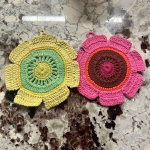 Anthropologie Green and Yellow Crochet Coasters/Hot Pads